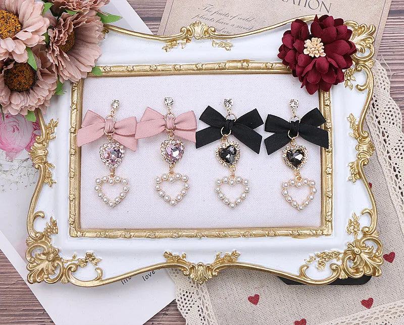 Japanese Style Lolita Sweet Bownot Rhinestone Pearl Heart Shaped Drop Earrings 925 Silver Pin Ear Clip Women Girls Earrings