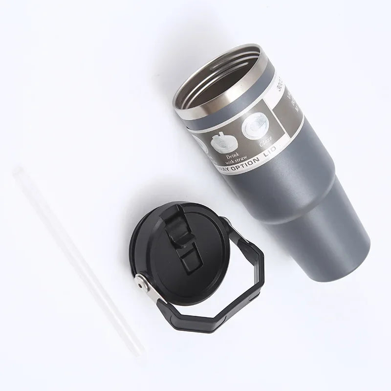 Stainless Steel Thermos Cup with Straw, Portable Car Cup, Travel Sports Water Bottle, Handle Cover, Coffee Vacuum Flask, 30oz