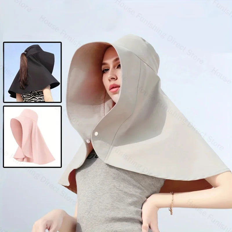 Summer Women Cap Outdoor Uv Anti Neck Protection Sun Visors Hat Fishing Hiking Big Brim Shawl Sunscreen Ponytail Cap Solid Color