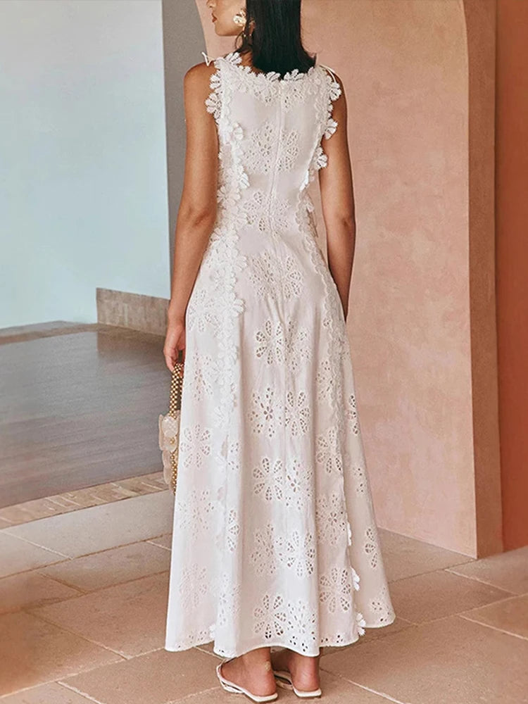 Embroidery Flower Patchwork Long Dress For Women Round Neck Sleeveless Lace Up High Waist Spliced Slim Dresses 2025 Summer New