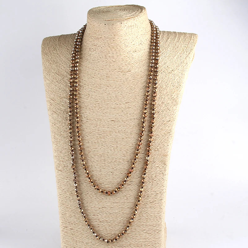 Fashion Bohemian Tribal Jewelry 6mm Crystal Long knotted Glass Crystal Necklace