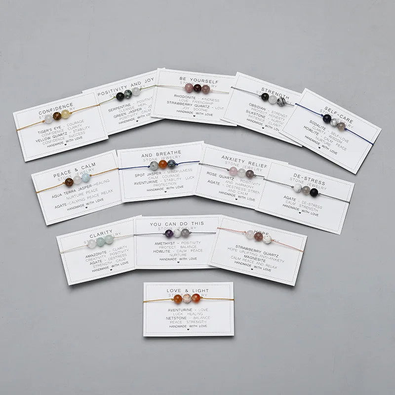 Natural Stone Crystal Round Bead Bracelet Handmade Braid Adjustable Paper Card Rope Chain Yoga Women Men Energy Healing Jewelry