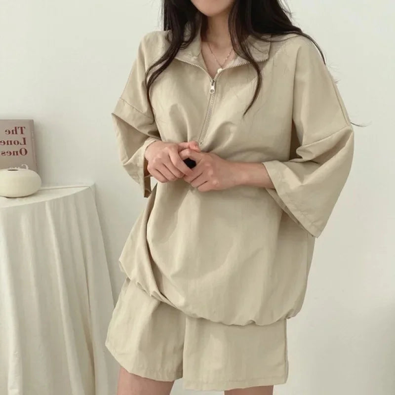 Korean Style Women's Summer Casual Sports Sun Protection Suit Two-Piece Set Workwear Jacket Shorts Polyester Fiber