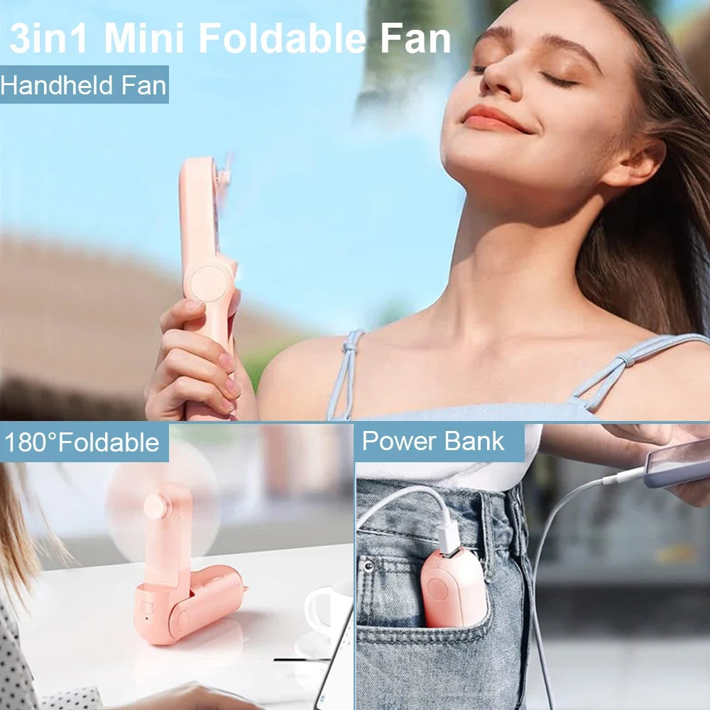 Portable Mini Handheld Fan Small Pocket USB Rechargeable Battery Fan Folding Cooling Hand Mini USB Fan with Power Bank