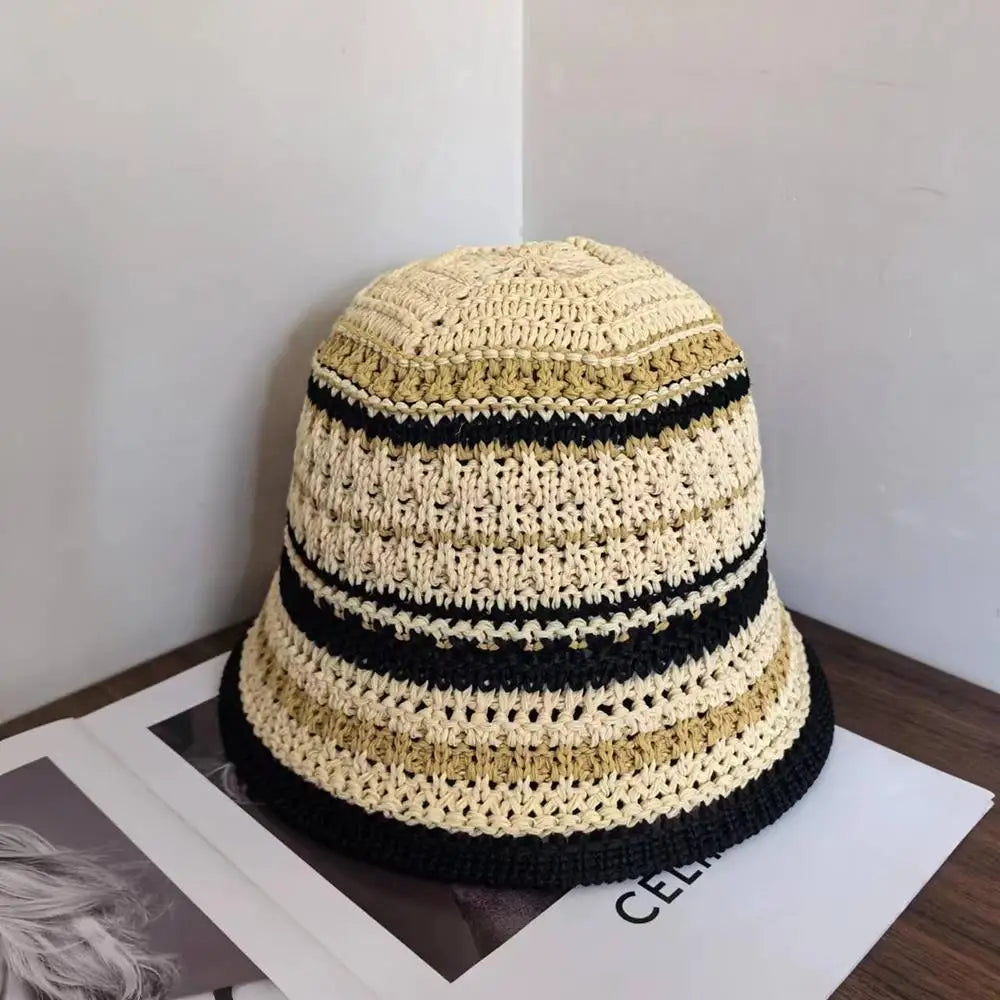 Summer Hollow Knitted Hollow Fisherman Caps Sun Protection Straw Bucket Hat Breathable Crochet Beach Cap Wide Brim Sun Hat