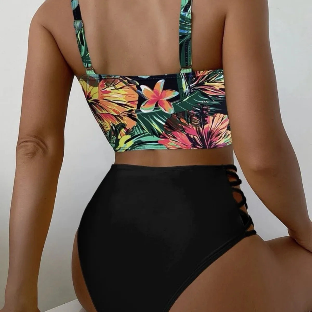 Cikini-Tropical Print Criss Cross Push Up Bikinis Set, High Waist Split Swimwear, Summer Swimsuit, Bathing Suit for Women, 2 Pcs