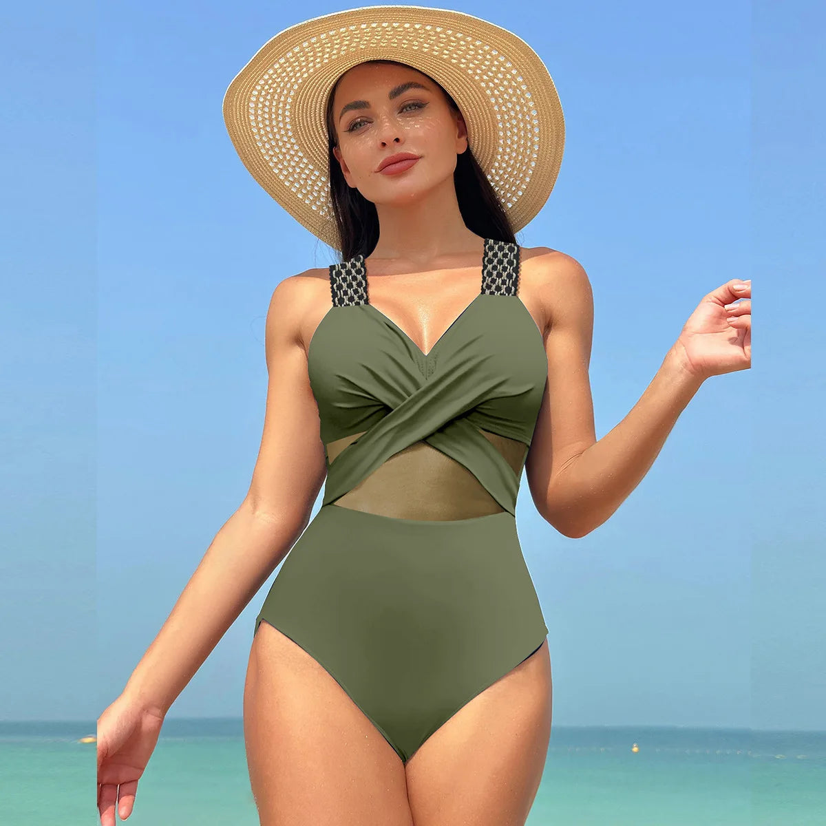 Sexy One Piece Swimsuit Women's Pure Color Mesh Bikini Swimsuit Summer New