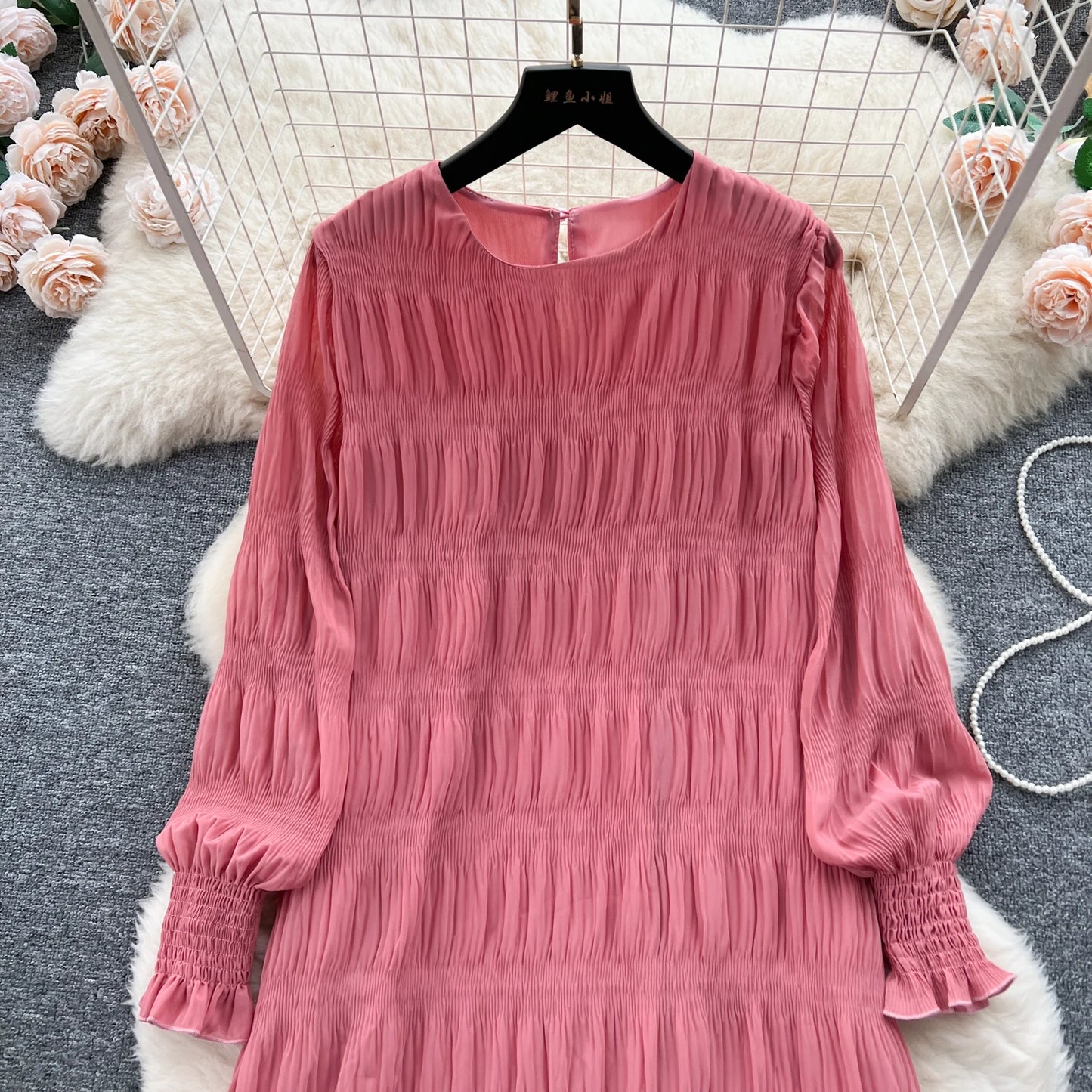 Autumn Vintage Women Draped Loose Midi Dress Elegant Round Collar Puff Long Sleeve Robe Casual Yellow/Burgundy/Green Vestido New