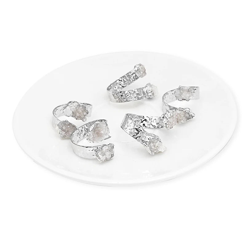 Irregular Raw Quartz Stone Open Ring for Women Girls Silver-color Boho Crystal Cluster Finger Jewelry Resizable