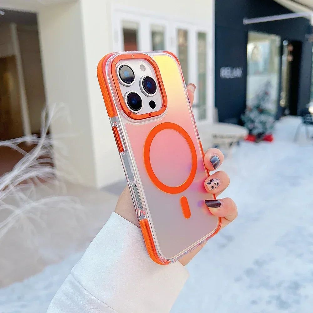 Stylish Metal Lens Magnetic Phone Case for IPhone 17 16 15 14 13 12 11 Pro Max Plus MagSafe Wireless Gradual Change Color Cover