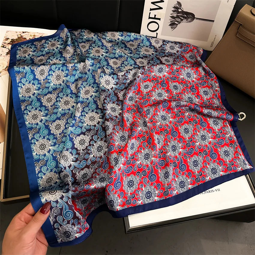 Imitated Silk Headcloth Fashion Flower Print Square Shawls Popular 70X70cm Bandanna Kerchief Sun Protection Silk Scarves Tie Bag