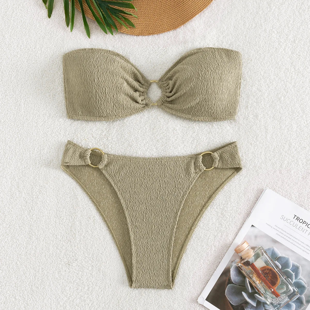 Sexy Bandeau Bikinis Sets Women Metal Ring Linked Push Up Micro Swimsuit 2025 Solid Bathing Suit Thong Swimwear Trajes De Baño