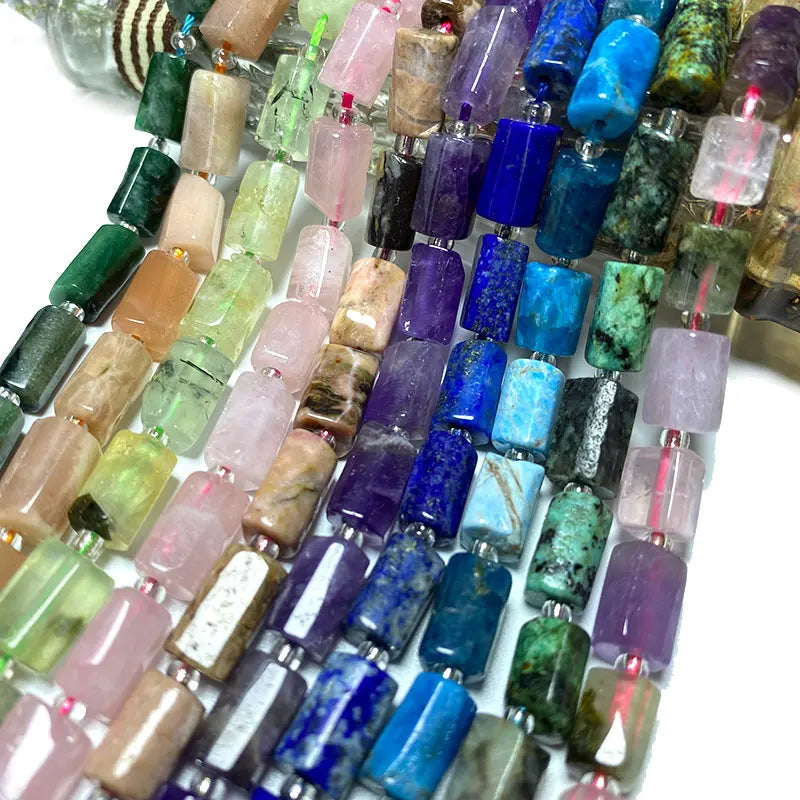 Natural Tourmaline Apatite Emerald Agates Amethysts Jades Cylinder Stone Spacer Beads for Jewelry Making DIY Bracelet 7.5inch