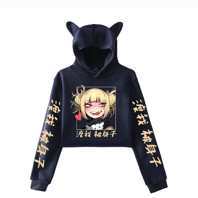 New Anime Hoodie Womens Girls Cat Ear Sweatshirts Hip Hop Short Hooded Pullover Crop Top Himiko Toga Printing Cat Ear Hoodies