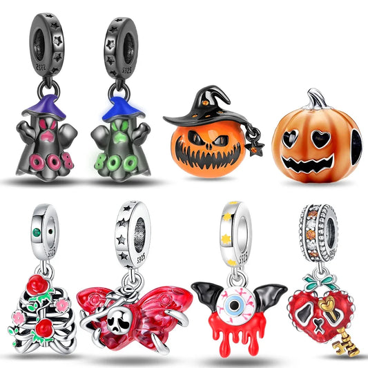 Sterling Silver 925 Halloween Series Luminous Pumpkin Blood Devil Charm for Women Original Bracelet Diy Jewelry Making Gift