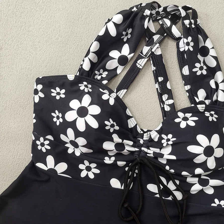 Black Flower Print Tankini Swimwear Woman Bikinis Sets 2025 Sexy Halter Swimsuit Bottoms Beach Wear Bathing Suit Bikini Donna