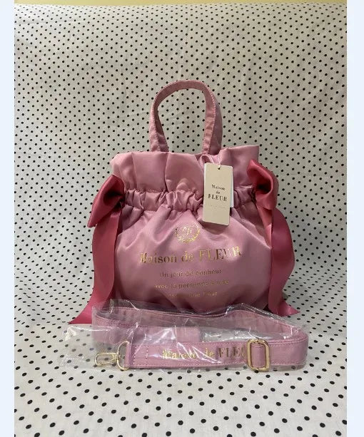 Japanese Style New Double-Sided Drawstring Bags Sweet Cute Girl Ladies Satin Bow Crossbody Shoulder Portable Handbag