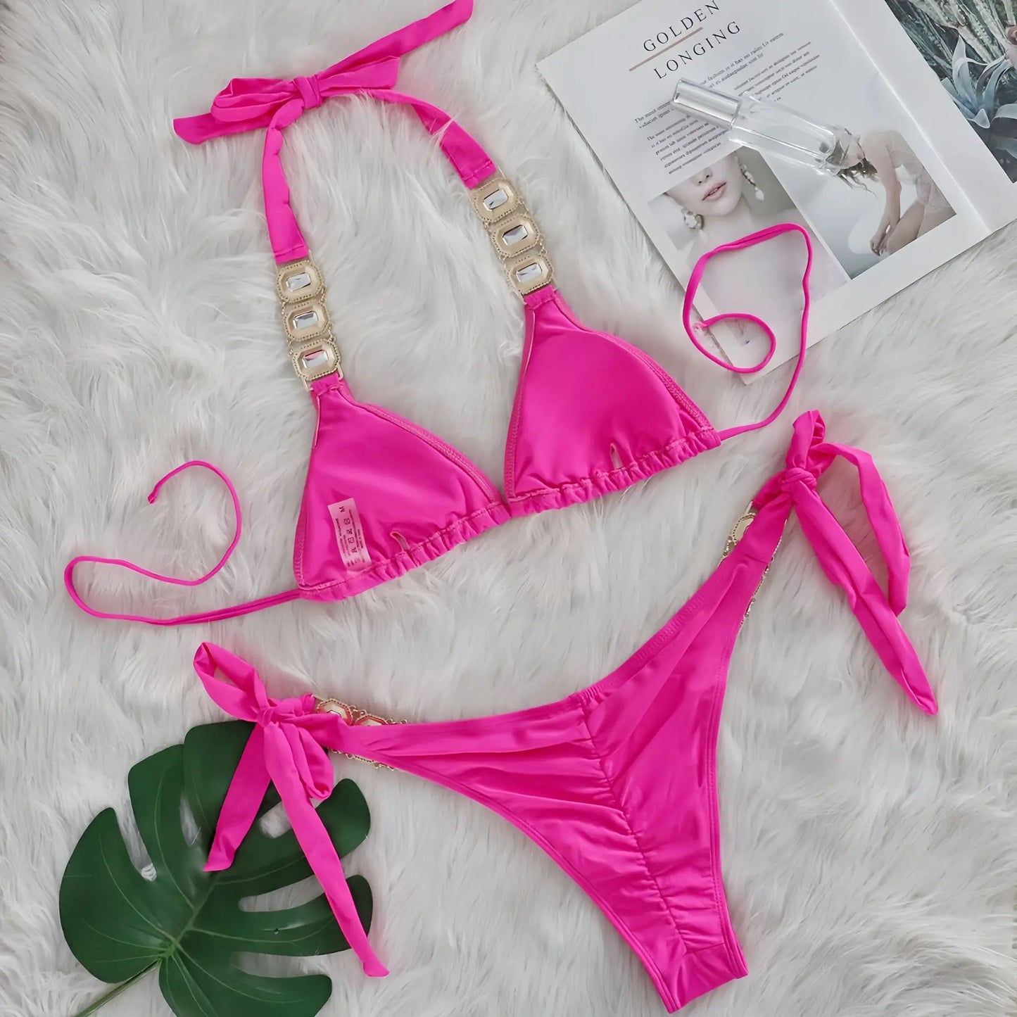 Sexy Rhinestone Bikini Set Women 2025 Luxury Pink Crystal Diamond Push Up Bandage Thong Swimsuit Beach Bathing Suit Swimwear
