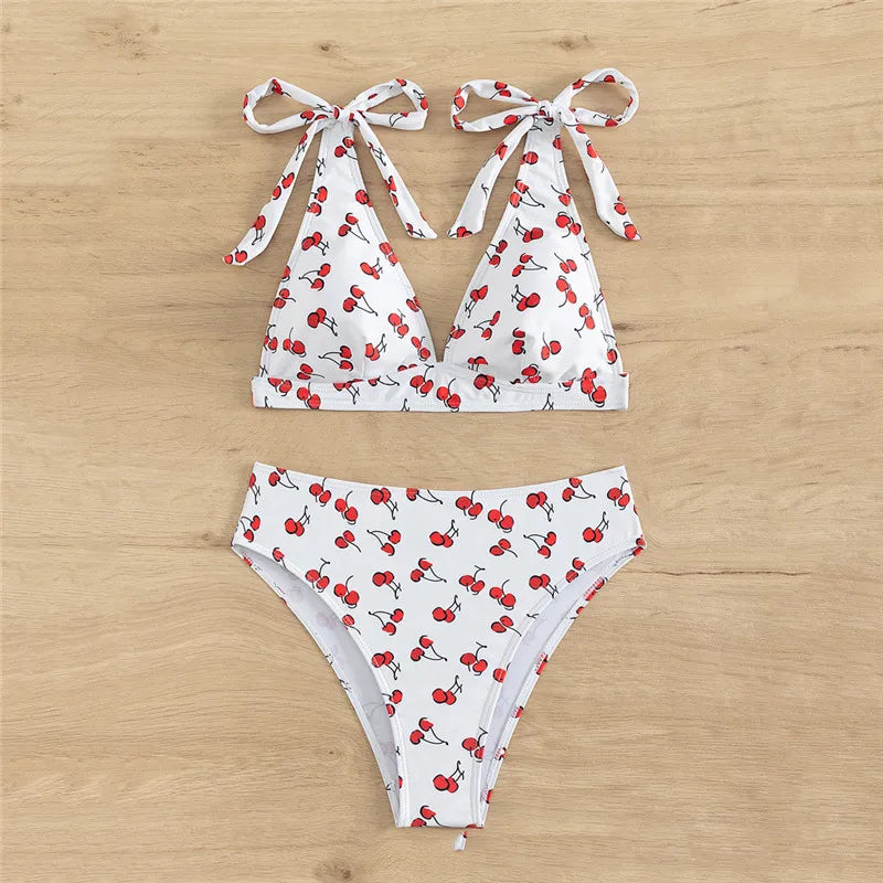 Sexy Cherry Print Swimsuits Women Push Up Bikinis Sets High Waist Swimwear Knotted Straps Bathing Suit Bathers Bikini 2024 Mujer