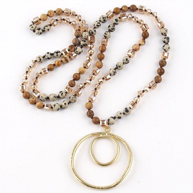 Fashion Bohemian Jewelry Accessory 6mm Stones/Crystal Knotted With Metal Round Pendant Necklaces Women Boho Gift