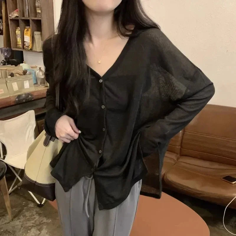 Solid V-neck Shirt Women Spring Single Breasted Chiffon Loose Slim All-match Sun Protection Thin Breathable Fashion Slim Cozy
