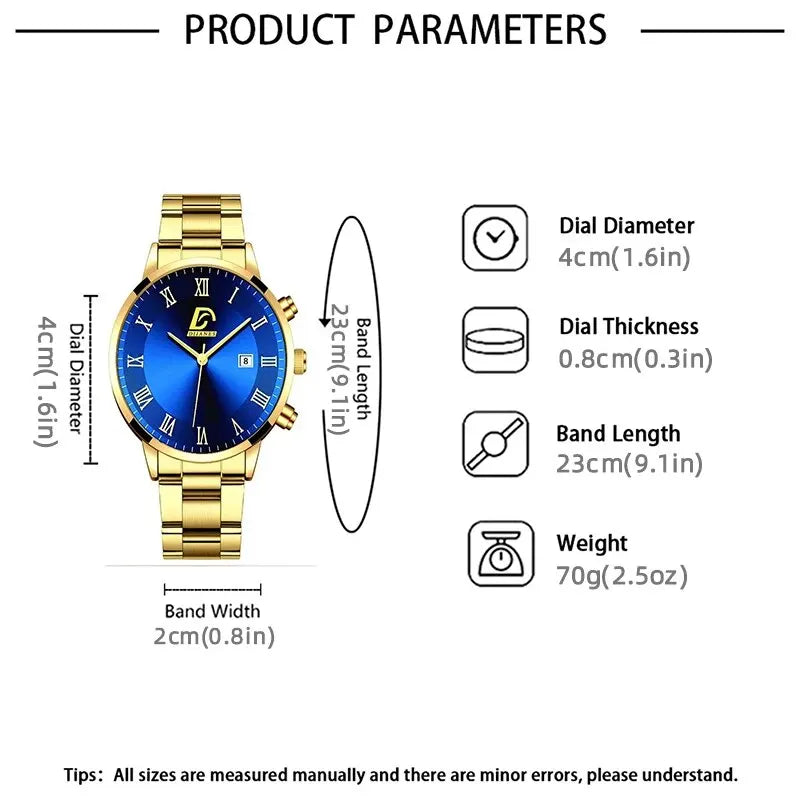 1Pcs Men's Casual Business Stainless Steel Band Quartz Watch 2PCS Luxury Alloy Bracelet Necklace Birthday Christmas Gift Set