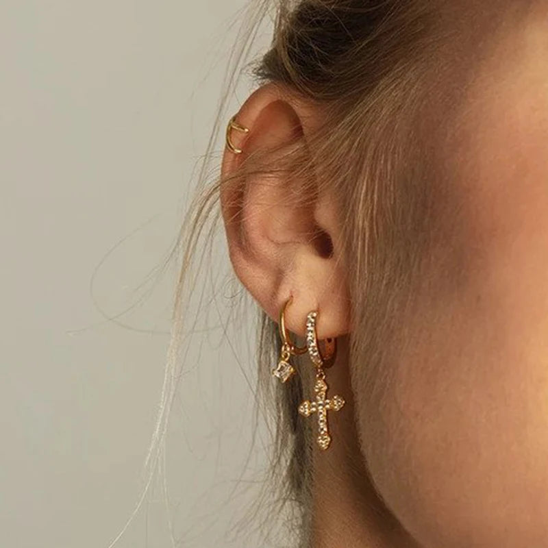 925 Sterling Silver Minimalist Jesus Cross Pendant Earrings Gold/Silver  Hoop Earrings Fashion Wedding Party Earrings Jewelry