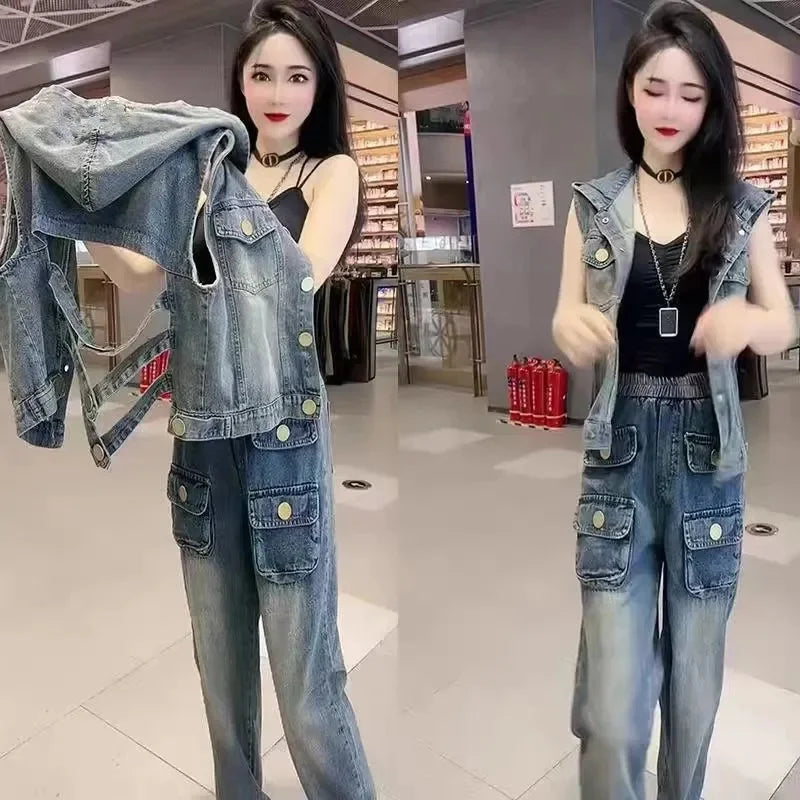 Fashion Fashion Backless Hooded Denim Vest 2025 Spring Summer Autumn New Korean Women's Vest Jacket Sleeveless Denim Jacket Top