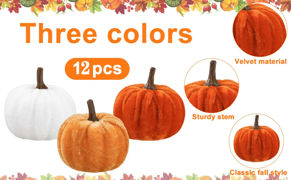 12pcs Pumpkin Decor Velvet Artificial Pumpkin Fall Pumpkin Decor For Autumn Thanksgiving Harvest Festival Halloween Decoration