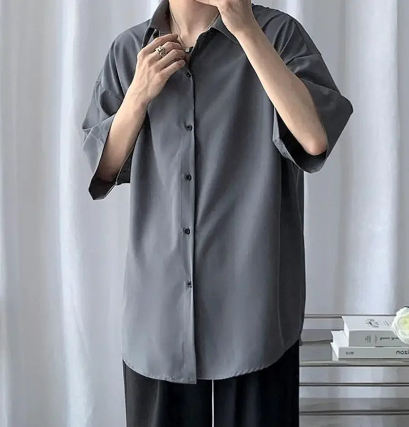 Clothes Short Sleeve Black Male Top Plain Men's Shirt And Blouse With Collar Korean Style Xxl Luxury Summer Original Silk Luxury
