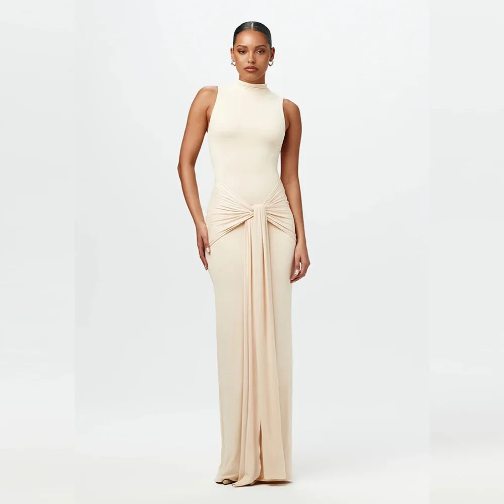 Slim Fit Wrap around Midriff Baring Sleeveless round Neck Dress for Women in Autumn And Winter Pure Color with Belt Detail