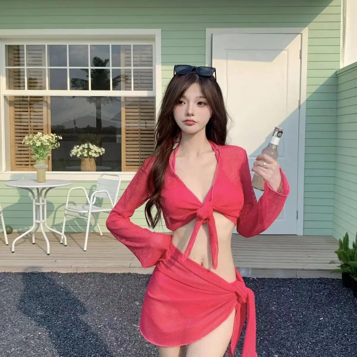 Sexy 4 Piece Lace Up Bikinis Set Women Swimsuit Solid Long Sleeve Cover Up with Skirt Swimwear New Push Up Bathing Suit Bikini