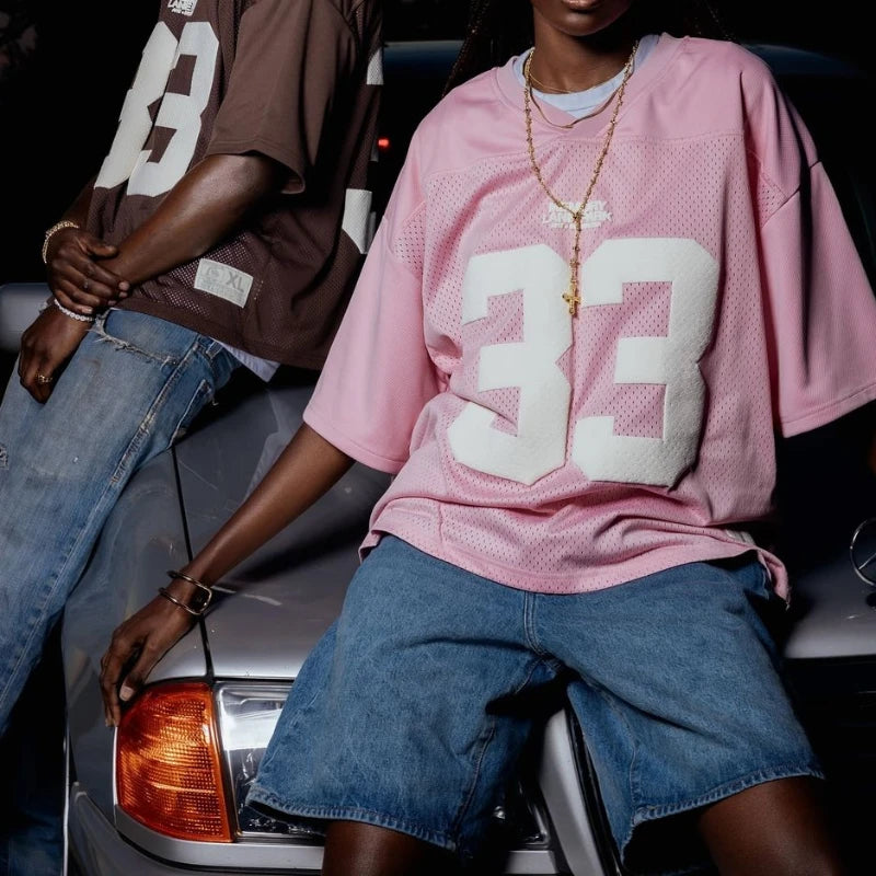 Retro new 33 letter printed mesh women sports and fitness patchwork Y2k men and women casual hip-hop T-shirt goth