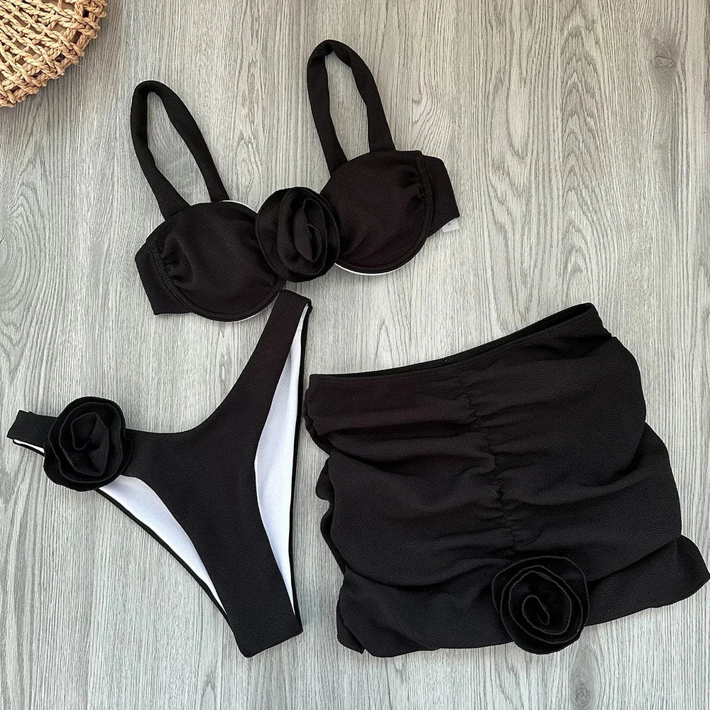 Sexy Floral Lace 3pieces Micro Bikini 2024 Women Swimsuit Female Swimwear Bikinis Set Brazilian Beach Wear Bathing Suit Biquini