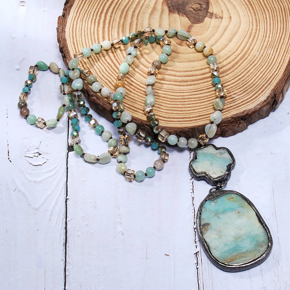 Summer New Bohemian Style Women's Jewelry 6mm Natural Stone Glass Knot Necklace Cross Elliptical Stone Pendant Necklace Sweater