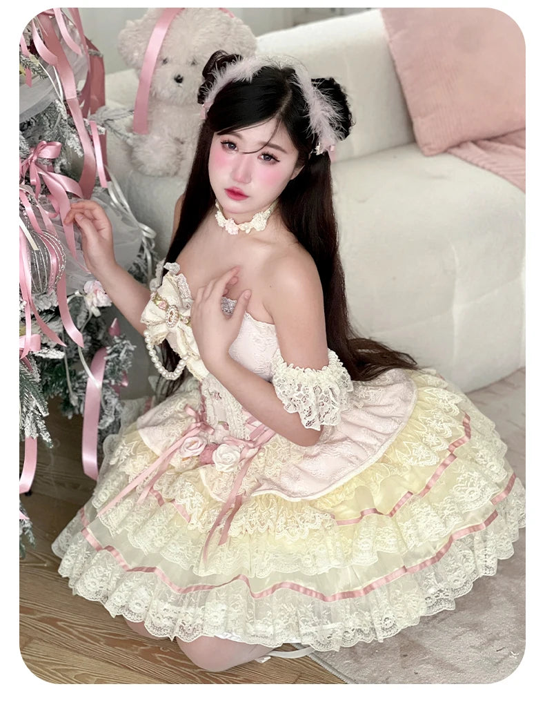 Original Romantic Atmosphere Cute Girls Skirt Sets 2025 Spring and Summer Sweet Lolita Tube Top Slim Top and Skirt 2-piece Set