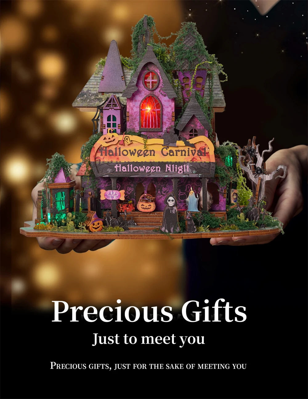 Retro DIY Wooden Halloween Night House Figurines Miniatures Kits With LED Lights Home Desk Decoration For Adult Handmade Gifts