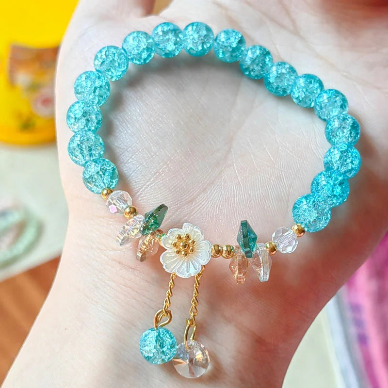 Cute Green Crystal Bead Bracelet for Women Trendy Lily Valley Flower Charm Elastic Adjustable Bracelet Wedding Birthday Jewelry