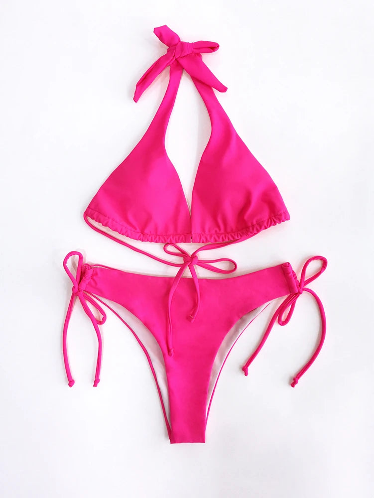 Sexy Halter Bikini Swimsuit Women Low Waisted 2025 New Black/Red/Rose Beach Bathing Suit Bandage Brazilian Swimwear Two Pieces