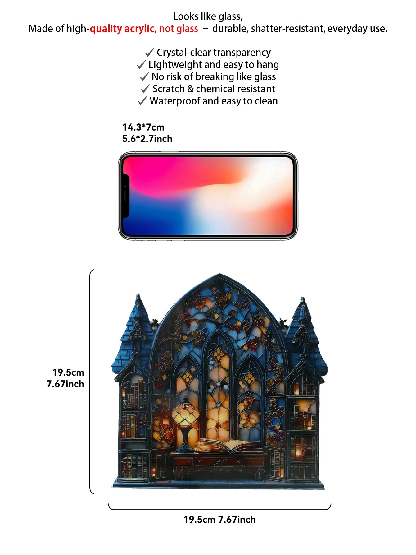 Halloween Gothic House Hanging Decor Acrylic Building Shape with Book & Lantern Design Window Pendant Art Wall Ornament for Home