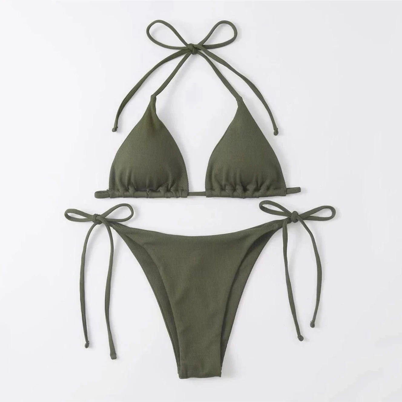 Brown Ribbed Swimwear String Halter Triangle Micro Bikini Thong Sexy Swimsuits Women Lace-up Bathing Suit Biquinis Bikinis Sets