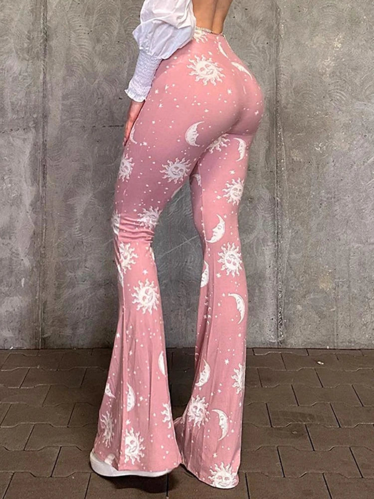 Summer Fashion Pink Pants Women Casual Slim Printed Long Flared Pants Streetwear Women Low-Rise Patchwork Abstract Y2k Pants