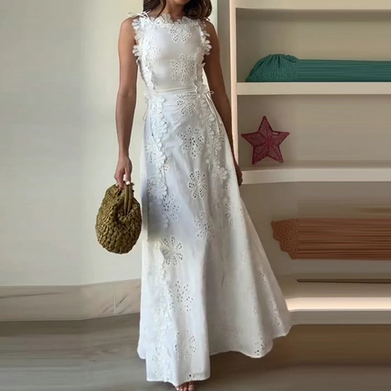 Elegant Hollow Out Floral Bandage Party Dress New Solid Color Lace Embroidery Evening Dress Trendy Sleeveless Women White Dress