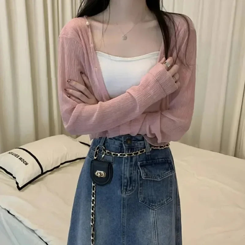Y2k  White Sun-proof Summer Transparent Short Shirts Female Casual Fashion Thin Shirt Woman Long Sleeve Sun Protection Clothing