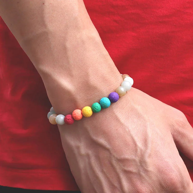 Colorful Lava Stone Bracelet Men Women 8mm Natural Onyx Tiger Eye Beaded Braclet Rainbow Friendship Brass Braslet