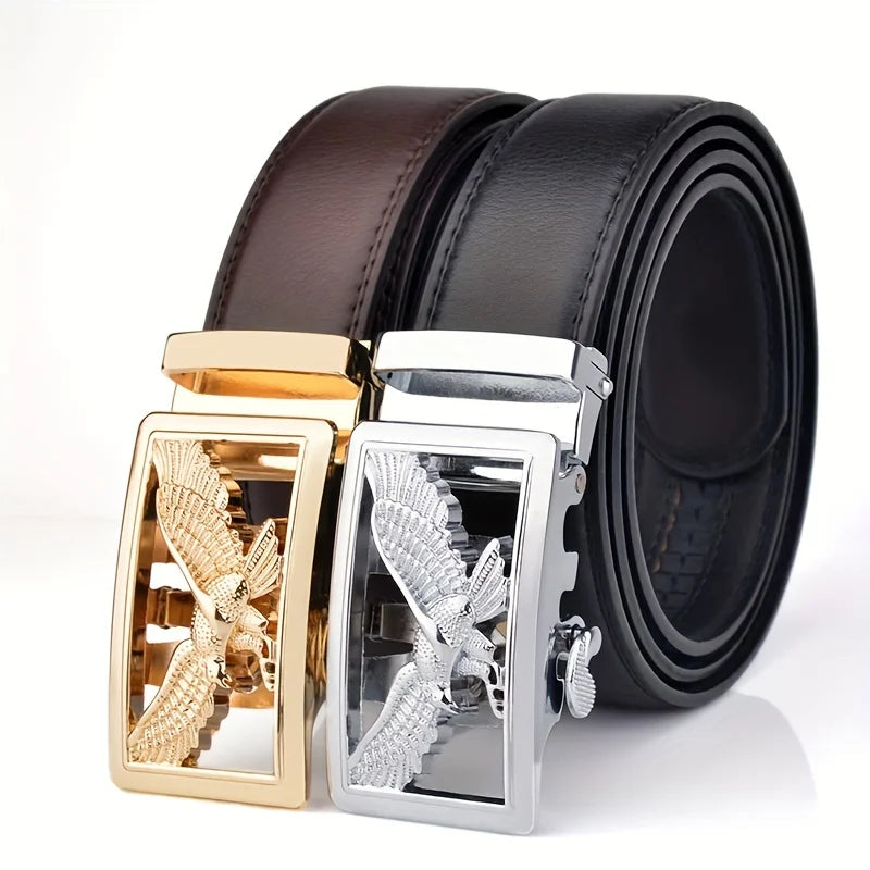 Men's Belt Leather Automatic Buckle Business Casual High-quality Golden Silver Eagle Pattern Leather Belt with Automatic Buckle
