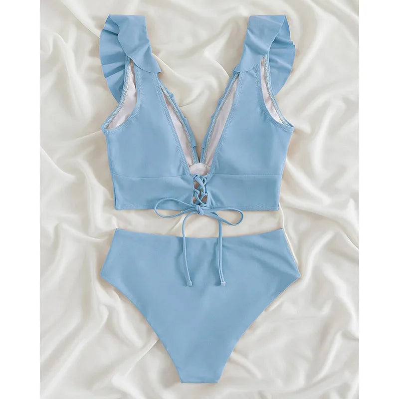 Riseado High Waist Bikinis Set Ruffle Shoulder Sexy Plunging Swimwear Women Bathing Suit Summer Beachwear