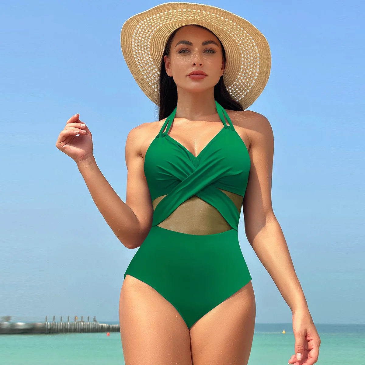 Sexy One Piece Swimsuit Women's Pure Color Mesh Bikini Swimsuit Summer New