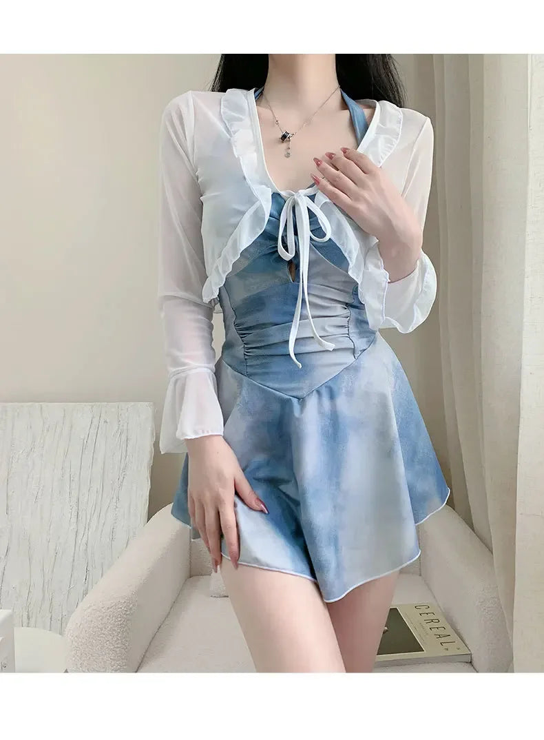 New Tenderness Sweet Cute Blue Halter Bikinis Swimsuit Aesthetics Fashions Slim Onsen Conservative Swimwear Bikinis Set