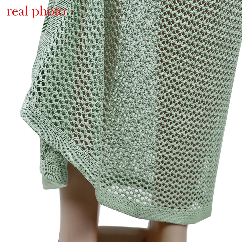Cryptographic Hollow Out Knitted Top and Skirt Sets Outfits Women Elegant Summer Wrap Over Split 2 Piece Set Holiday Beachwear